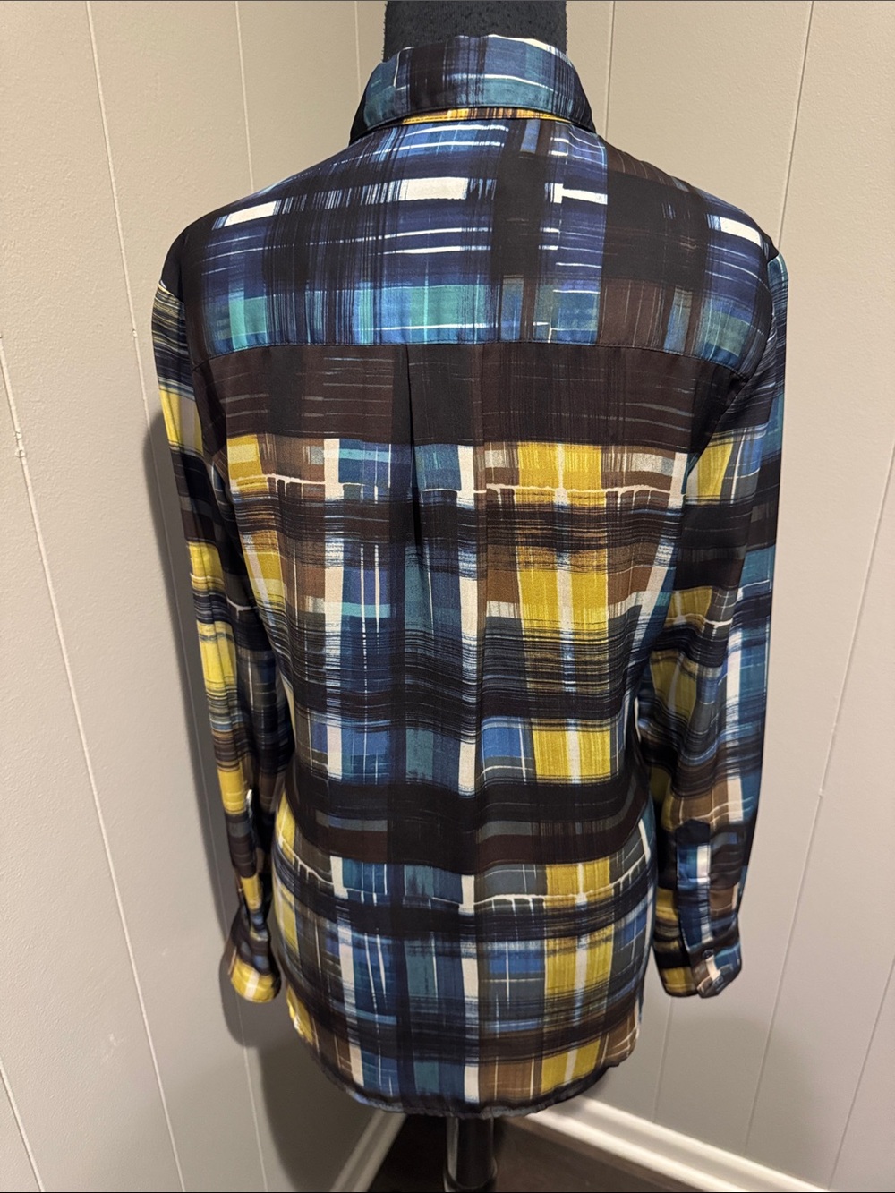 Trina Turk Silky Black Plaid Button-Down Shirt with Blue & Yellow Accents. Sz P - Picture 3 of 8